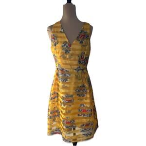 Banana Republic Yellow Striped Floral V Neck Fit and Flare Dress Women’s Size 8